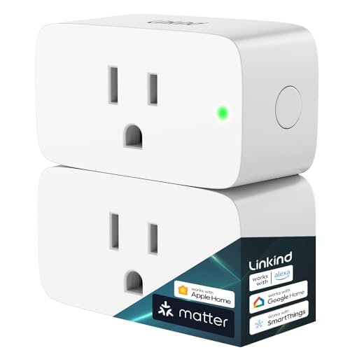 Linkind Matter Smart Plug, Work with Apple Home, Siri, Alexa, Google, SmartThings, Smart Outlet 15A/1800W Max, Smart Home Automation, APP Remote Control,Timer&Schedule, 2.4G Wi-Fi Only, 2 Pack