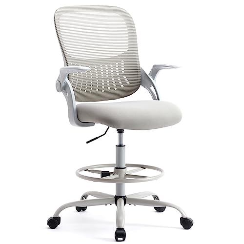 SMUG Drafting Chair for Standing Desk, Tall Office Desk Chairs Computer Mesh with Wheels, Adjustable Height, Flip-up Arms, Ergonomic Back, for Gaming, Work, Study, Grey