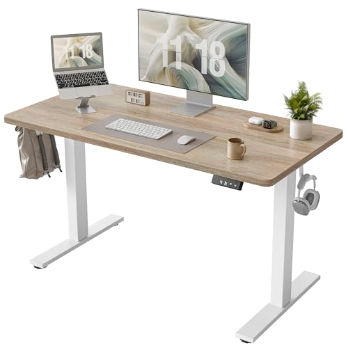 TIQLAB Height Adjustable Electric Standing Desk, 47.2 x 23.6 inch, Sit Stand Up Desk, Splice Board, Computer Home Office Desk, White Frame/Maple Top
