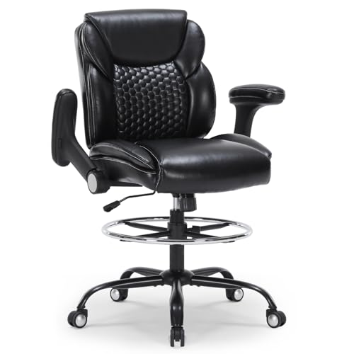 Drafting Chair, Ergonomic Tall Office Chair with Soft Adjustable Armrests and Foot Ring, Standing Desk Chair PU Leather High Office Chair for Counter Height Desk, Swivel Computer Stool, Black